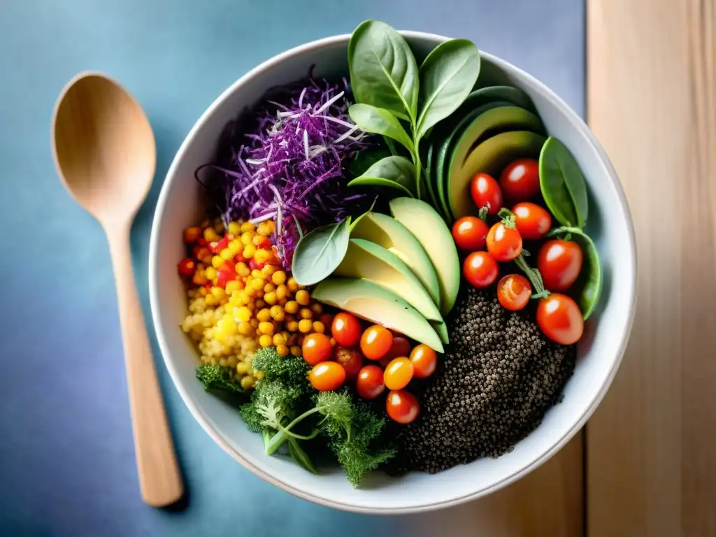 Un cuenco de ensalada arcoíris vibrante con ingredientes frescos y coloridos sobre quinoa, bañado en vinagreta cítrica