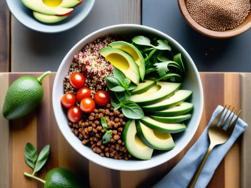 Un cuenco de ensalada de quinoa roja vibrante con vegetales frescos, aguacate y aderezo de limón, sobre una mesa de madera rústica