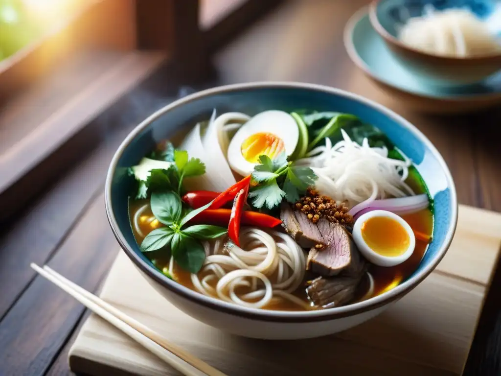 Un cuenco de Pho sin gluten vietnamita, con ingredientes vibrantes y coloridos, reposando sobre una mesa de madera rústica bajo la luz del sol