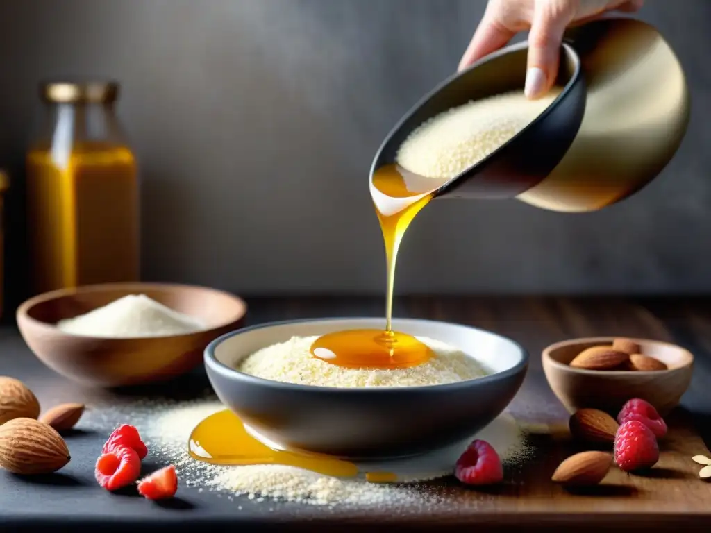 Un cuenco con harina de almendra, aceite de coco, bayas frescas y miel dorada