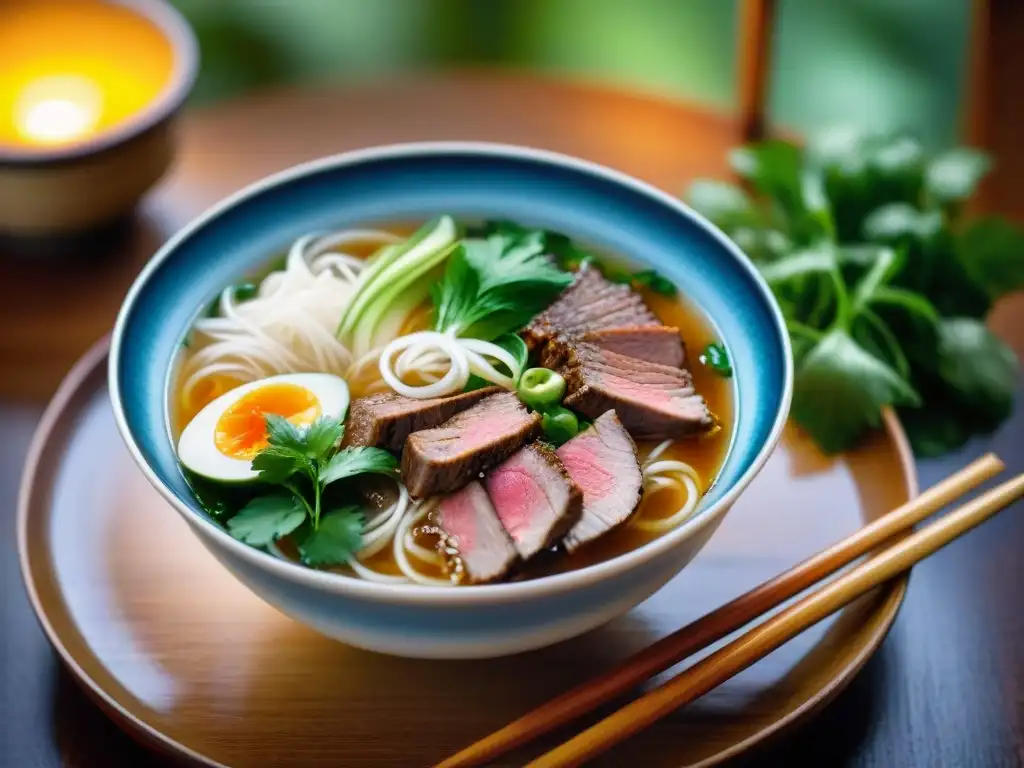 Un cuenco humeante de pho sin gluten, con su caldo rico y fideos tiernos, decoración vietnamita de bambú y cuencos de cerámica