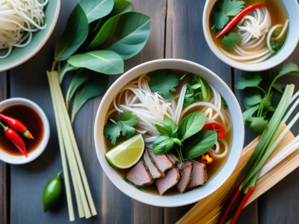 Un cuenco humeante de pho sin gluten, decorado con hierbas frescas y chiles, sobre mesa rústica