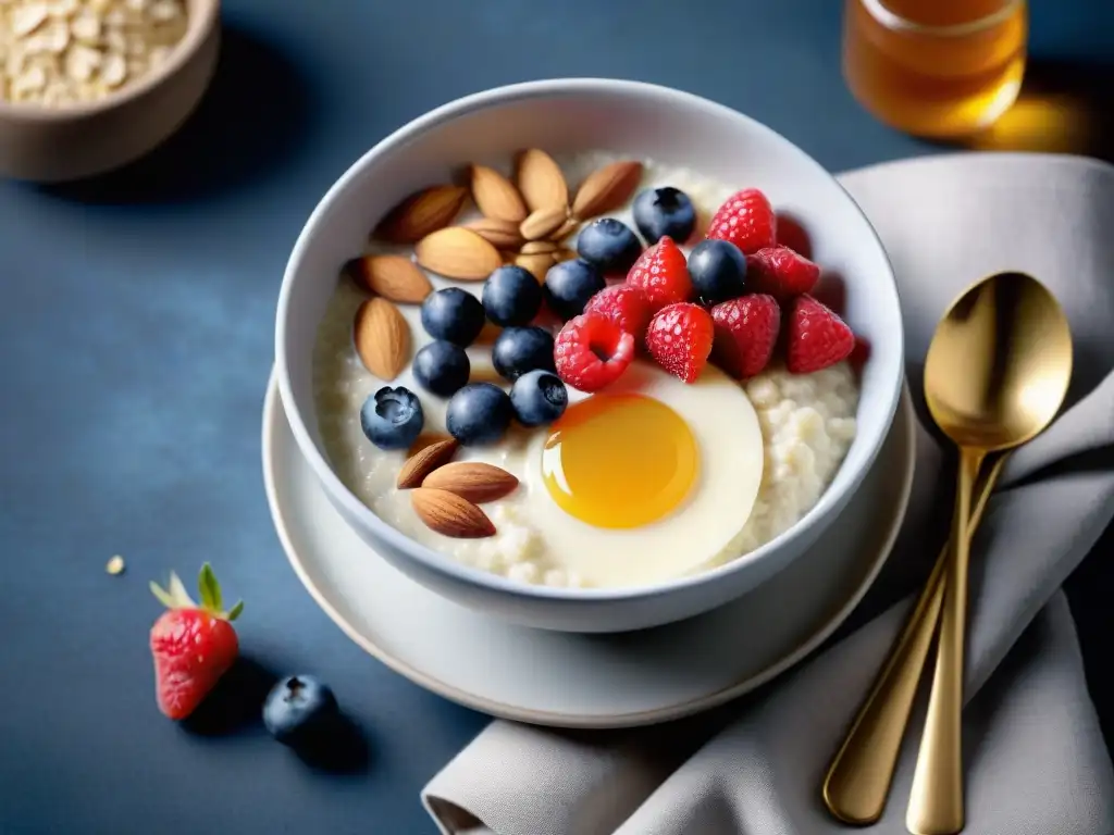 Deliciosa avena sin gluten con frutas, almendras y miel Un cuenco de porridge sin gluten receta nutritiva, adornado con frutas frescas y almendras, bañado en miel, evocando calidez y confort