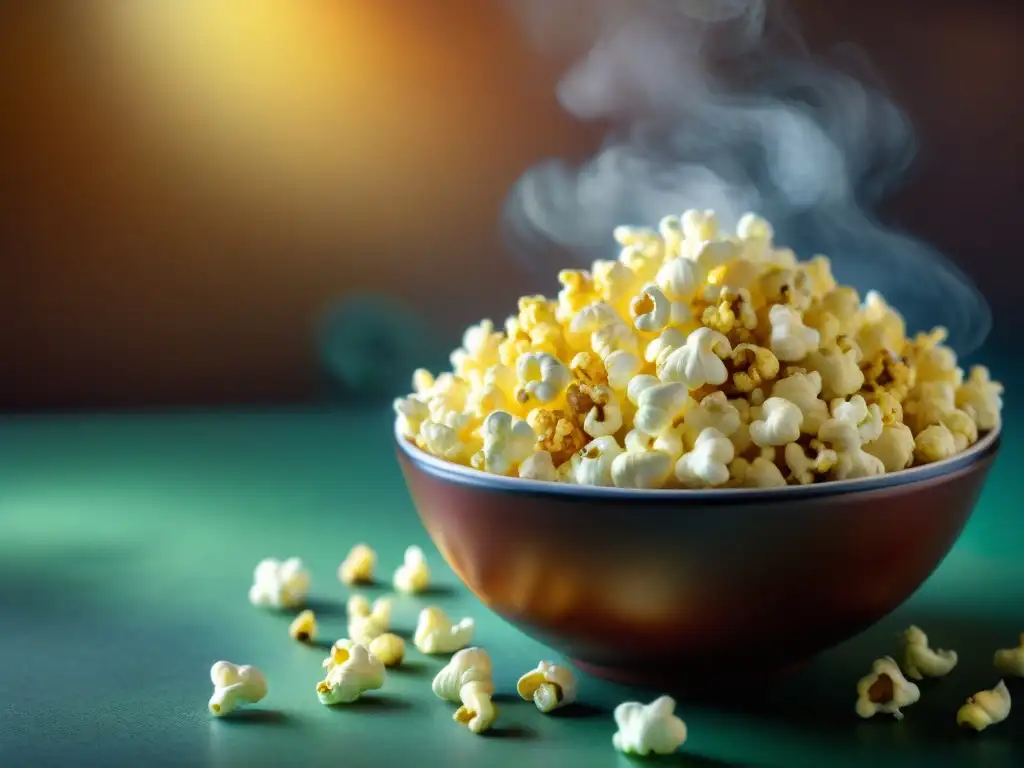 Un cuenco rebosante de palomitas de maíz recién hechas, con especias sin gluten y hierbas frescas espolvoreadas