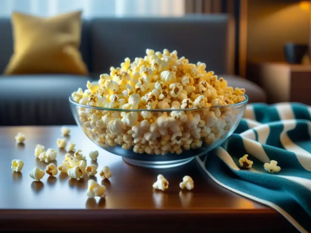 Un cuenco rebosante de palomitas de maíz sin gluten, listas para disfrutar en una acogedora sala viendo una película clásica en blanco y negro