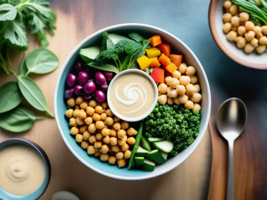 Un cuenco vibrante de Buddha rebosante de vegetales coloridos, quinoa, garbanzos y salsa tahini, en una mesa de madera