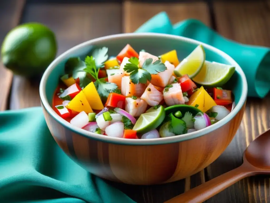 Un cuenco vibrante de ceviche artesanal sin gluten, con pescado marinado, verduras coloridas y limón, sobre mesa rústica