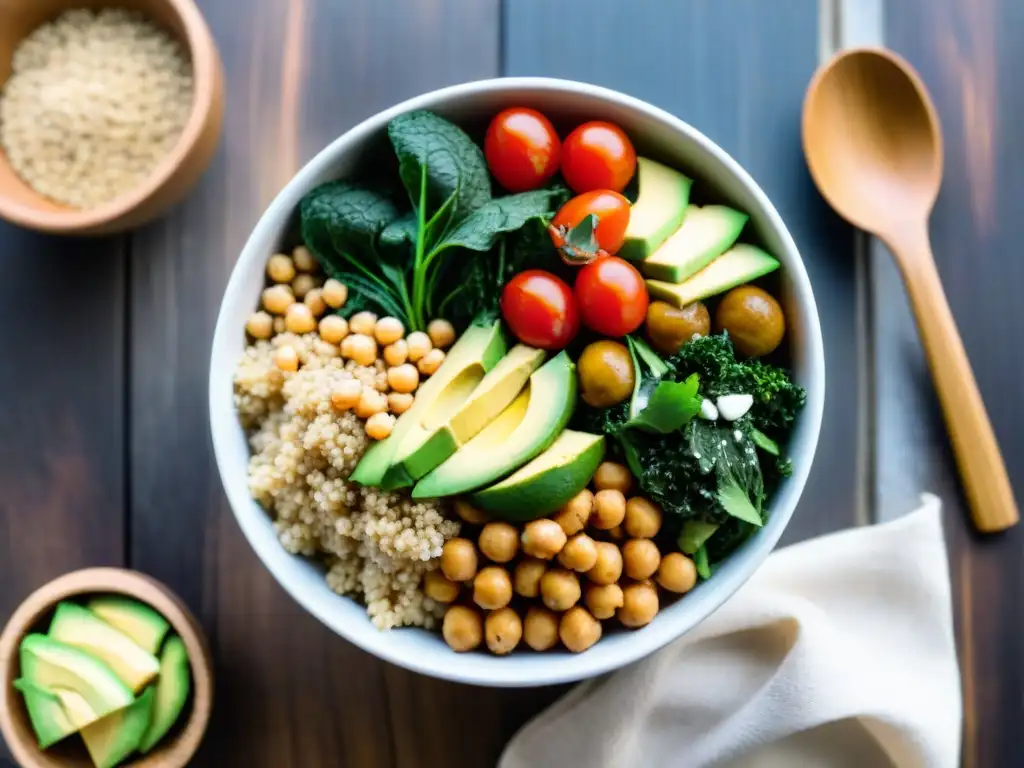 Un cuenco vibrante y colorido con ingredientes sin gluten alto en proteínas, frescos y detallados, sobre una mesa de madera rústica