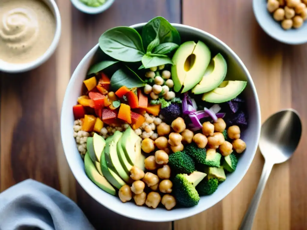 Un cuenco vibrante y colorido con ingredientes frescos y sin gluten como quinoa, verduras asadas, aguacate, garbanzos y aderezo de tahini