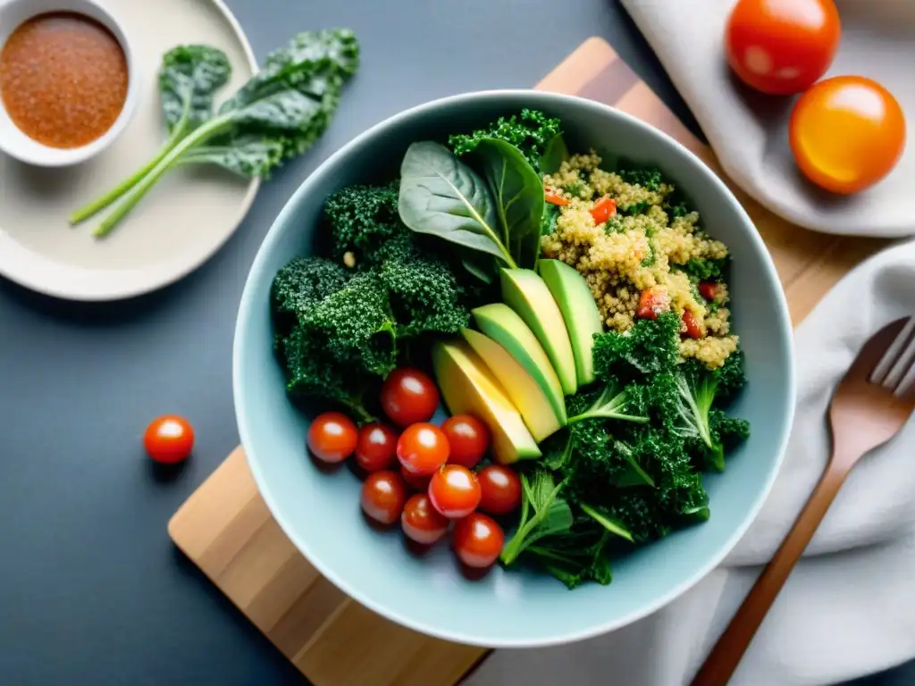 Un cuenco vibrante de ensalada con kale fresco, aguacate, tomates cherry, quinoa y semillas de sésamo, bañado en aderezo balsámico