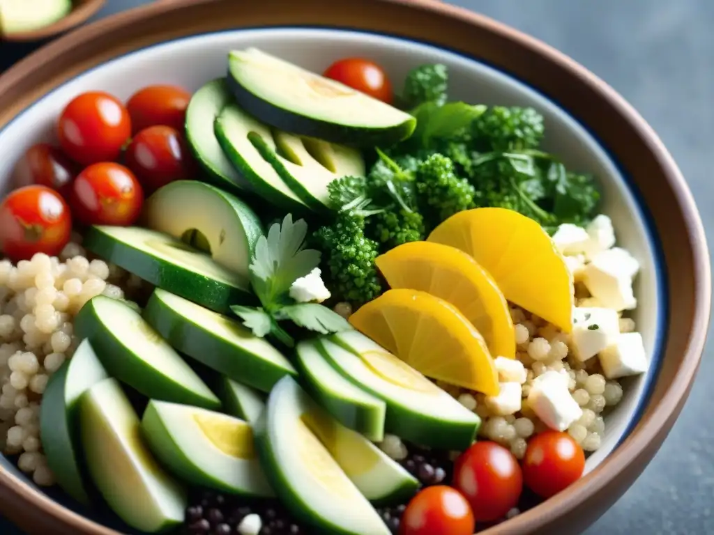 Un cuenco vibrante de ensalada de quinoa con ingredientes frescos