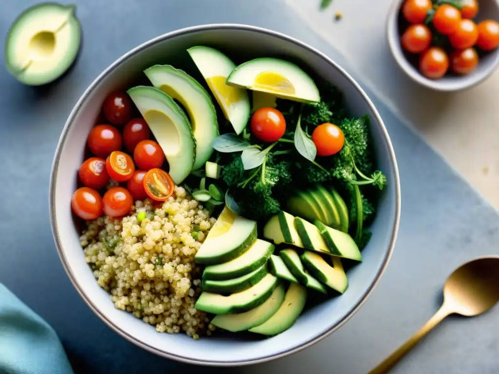 Un cuenco vibrante de ensalada de quinua con ingredientes frescos y coloridos, ideal para Recetas sin gluten sabrosas