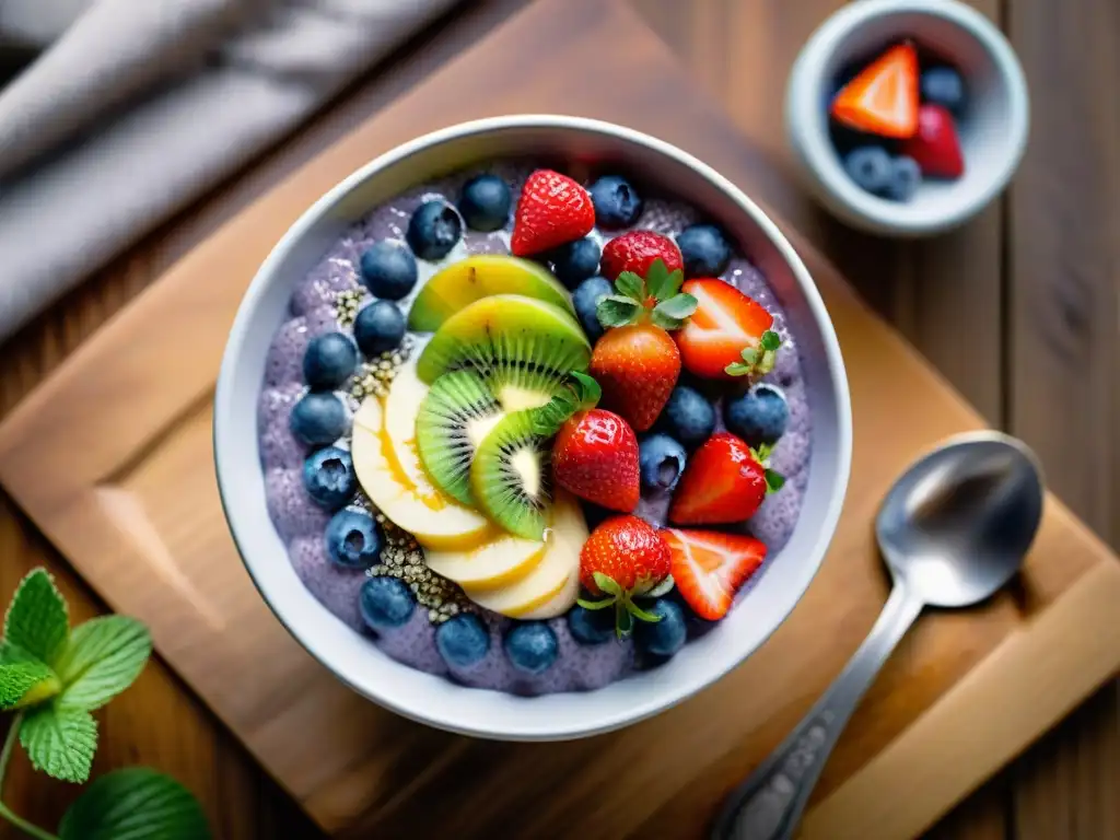 Un cuenco vibrante de chía con frutas frescas y miel sobre mesa rústica