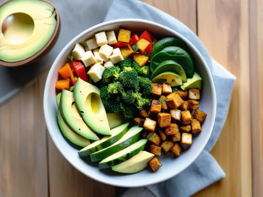 Un cuenco de Buda vibrante con ingredientes coloridos, tofu crujiente y aguacate, en una mesa de madera con luz natural