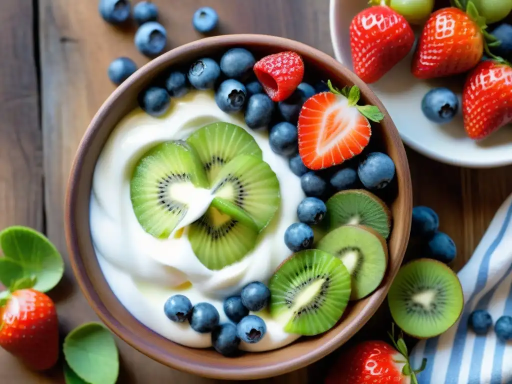 Un cuenco vibrante con yogur sin gluten y frutas frescas como fresas, arándanos y kiwi