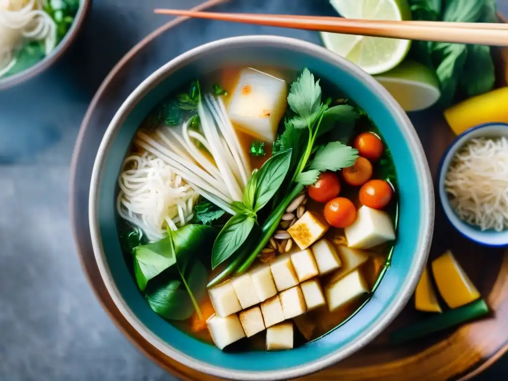 Un cuenco de sopa Pho vietnamita vegana y sin gluten en un bullicioso mercado callejero