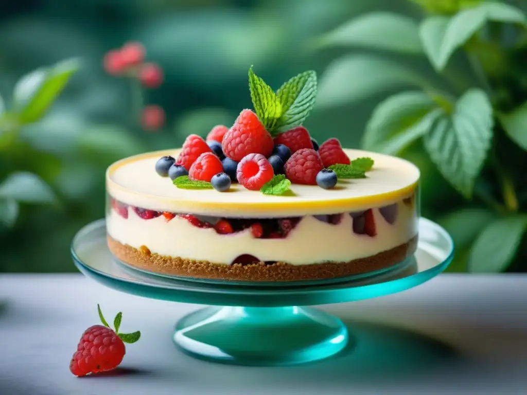 Un decadente cheesecake frío sin gluten innovador con frambuesas y menta en un elegante soporte de cristal, en un jardín exuberante