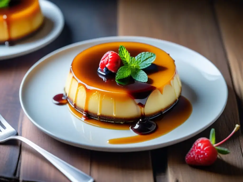 Un decadente flan sin gluten en un plato de porcelana, bañado en caramelo y decorado con frutos rojos y hojas de menta fresca