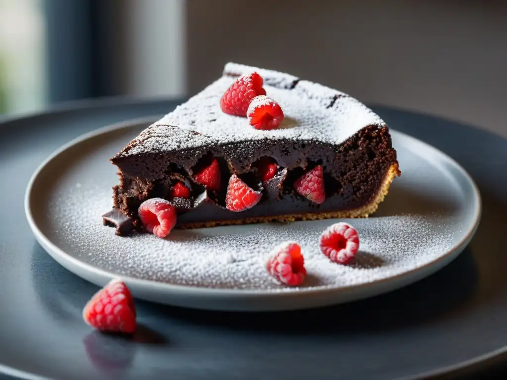 Un decadente pastel de chocolate sin harina con frambuesas frescas y azúcar glass, en un elegante plato blanco, en una cocina moderna con luz natural