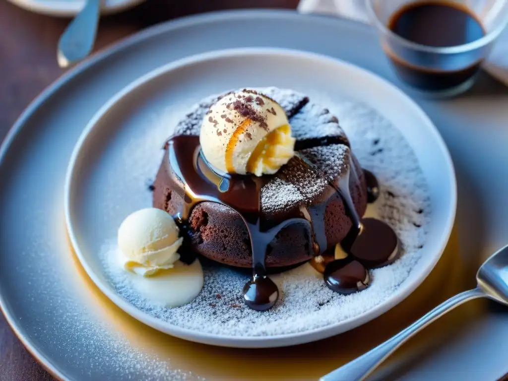 Un decadente pastel de lava de chocolate sin gluten con helado de vainilla, ¡postres sin gluten esponjosos!