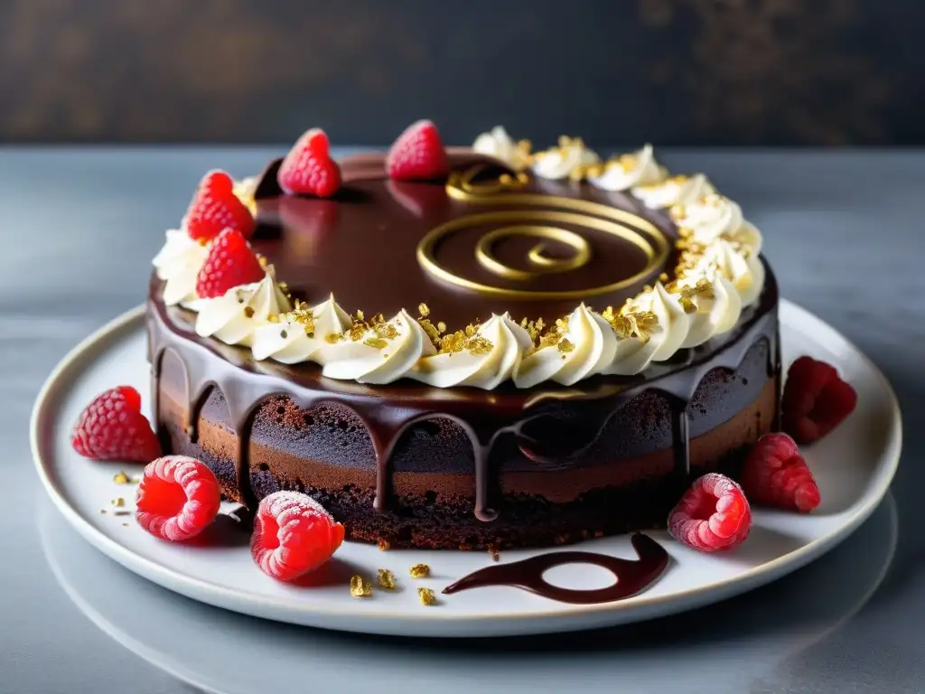 Un decadente postre sin gluten, bajo en carbohidratos: exquisita tarta de chocolate con ganache, frambuesas frescas y hojuelas de oro