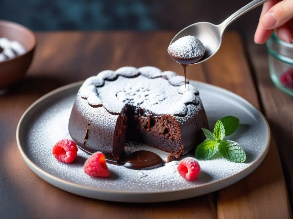 Un decadente postre sin gluten cocción lenta: pastel de lava de chocolate con frambuesas y menta en plato vintage