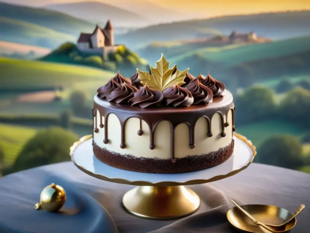 Una decadente torta de chocolate sin gluten inspirada en películas, decorada con rizos de chocolate y hojas de oro comestibles, en un escenario campestre francés de ensueño