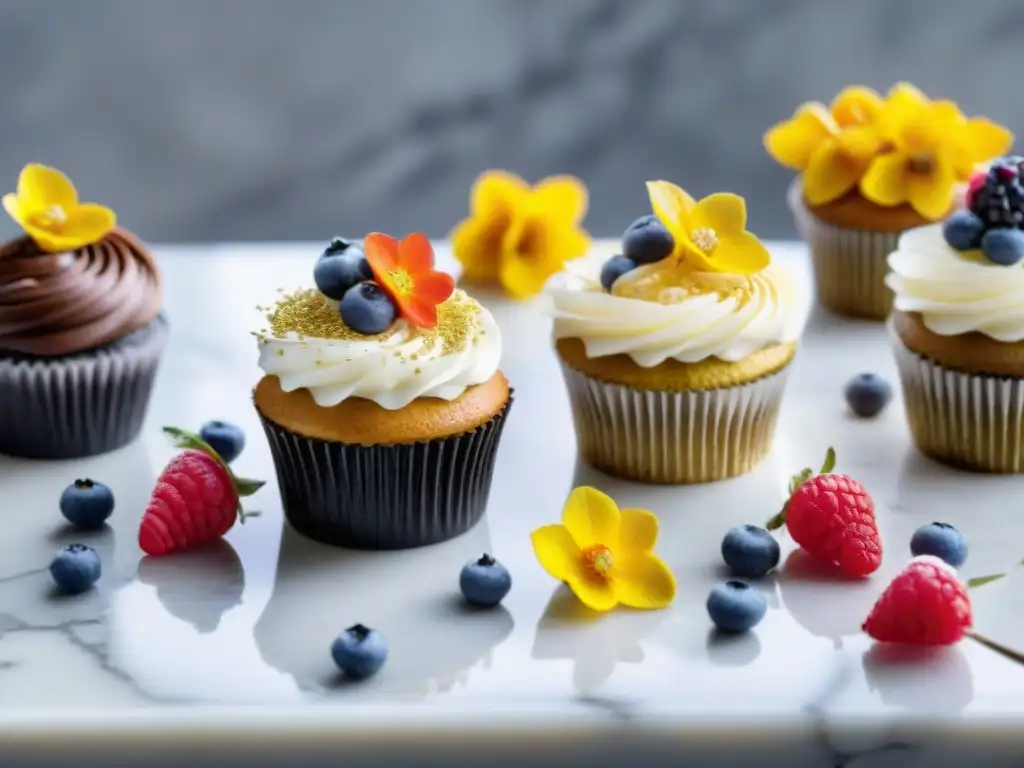 Decoración creativa para cupcakes sin gluten: bayas frescas, flores comestibles, chocolate y hojas doradas sobre mármol iluminado