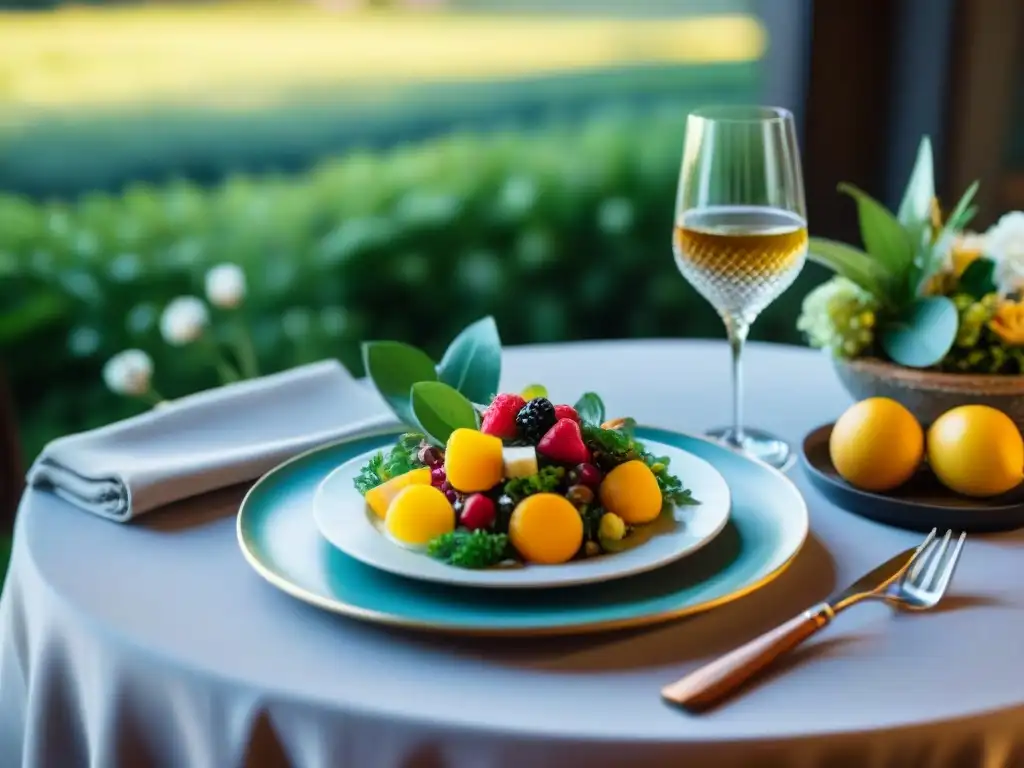 Decoración elegante en un evento sin gluten innovador con coloridos platillos, frutas frescas y postres decadentes en un jardín soleado