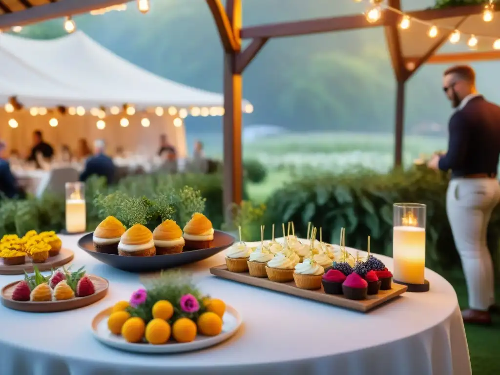 Una degustación sin gluten para fiestas: mesa decorada con platos coloridos y postres decadentes bajo luces de hadas y vegetación exuberante