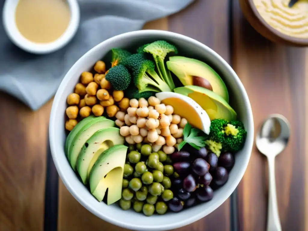 Un deleite visual: un Buddha bowl colorido y vibrante con ingredientes sin gluten como quinoa, verduras asadas, aguacate y aderezo de tahini