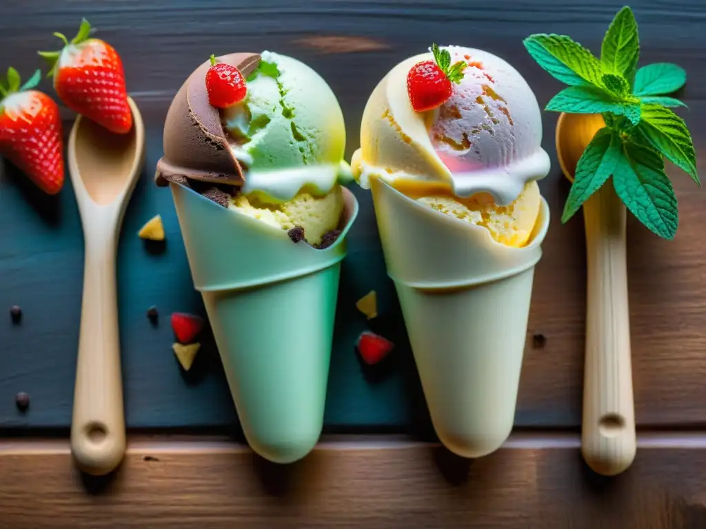 Un deleite visual: helado casero sin gluten innovador en variados sabores sobre mesa de madera rústica