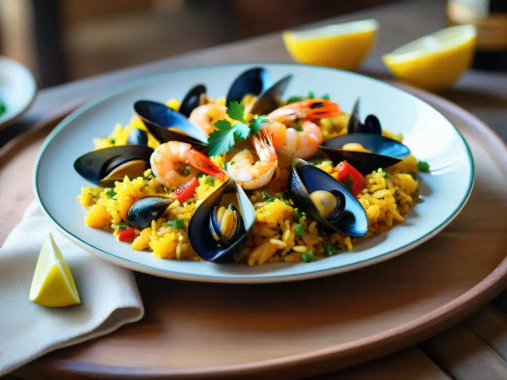 Un deleite visual de una paella sin gluten en Zaragoza, con mariscos frescos y un vibrante arroz amarillo en plato de cerámica español