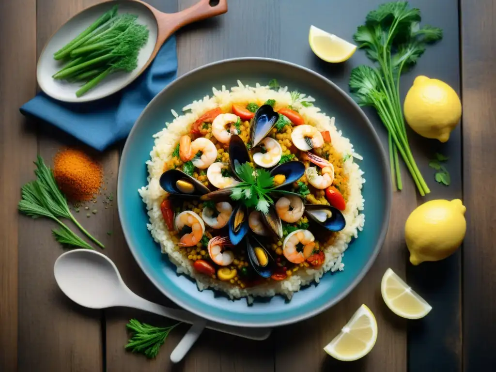 Un deleite visual de paella de mariscos sin gluten con ingredientes frescos y coloridos, evocando la esencia culinaria mediterránea