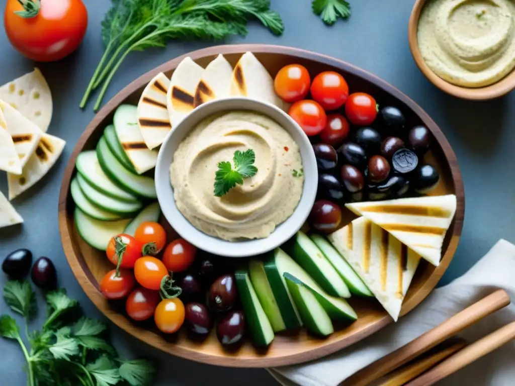 Un deleite visual de un tablero de mezze con hummus sin gluten casero, rodeado de ingredientes frescos y coloridos