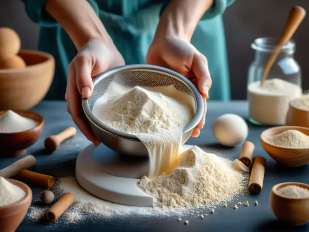 Delicada filtración de harina sin gluten casera a través de un tamiz, iluminada por suave luz natural