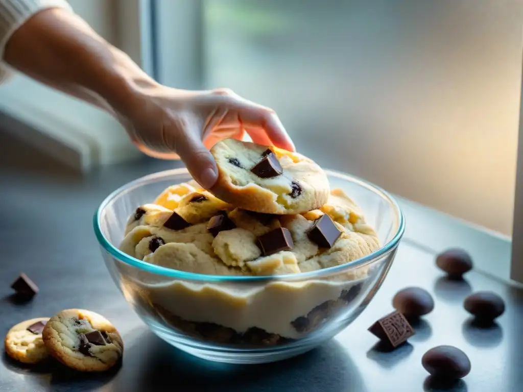 Preparación delicada de masa de galletas sin gluten en cuenco de vidrio, con luz natural