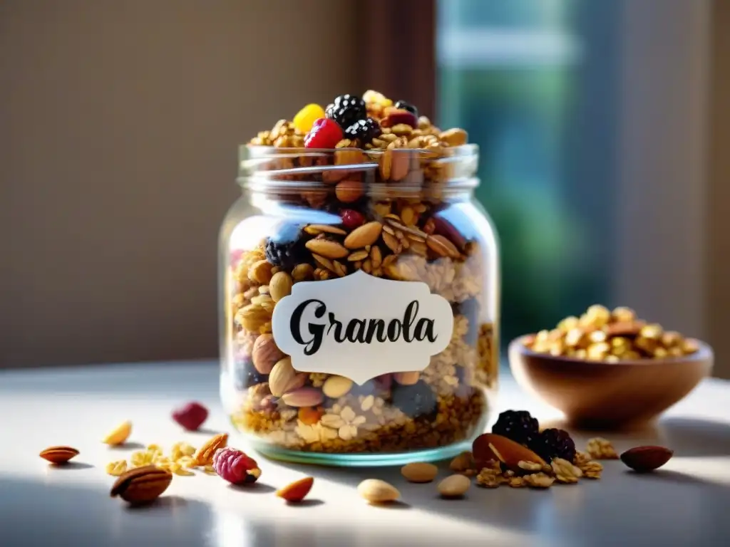 Delicada receta de granola casera sin gluten en un tarro de cristal, bañado por la luz solar