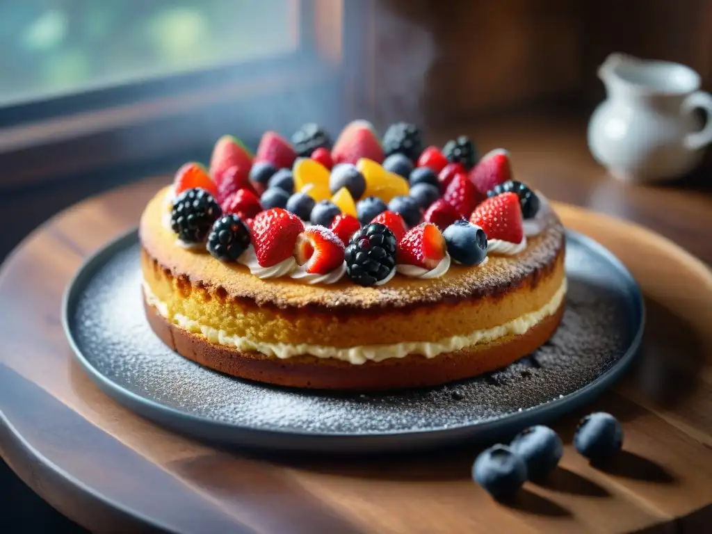 Delicada repostería sin gluten: técnicas expertas reflejadas en un pastel de almendra con bayas frescas y azúcar glas