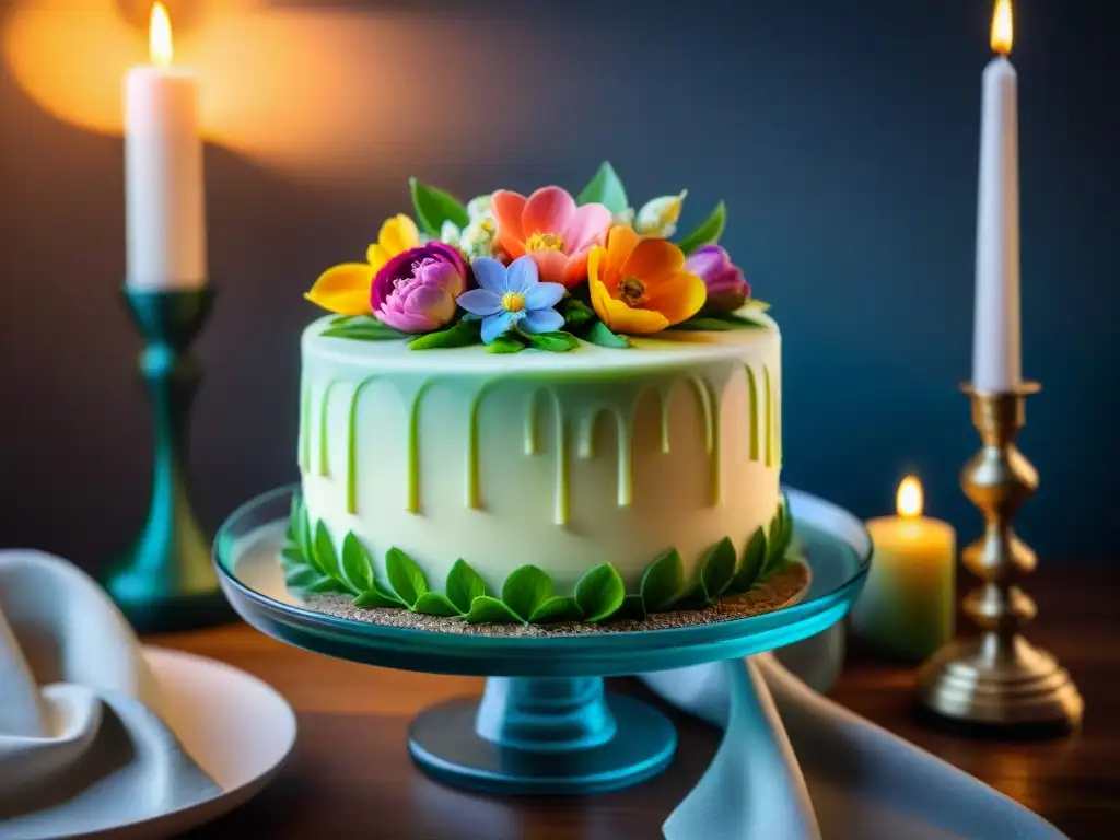 Delicada tarta de aniversario sin gluten, decorada con flores de fondant y rodeada de velas y flores vibrantes