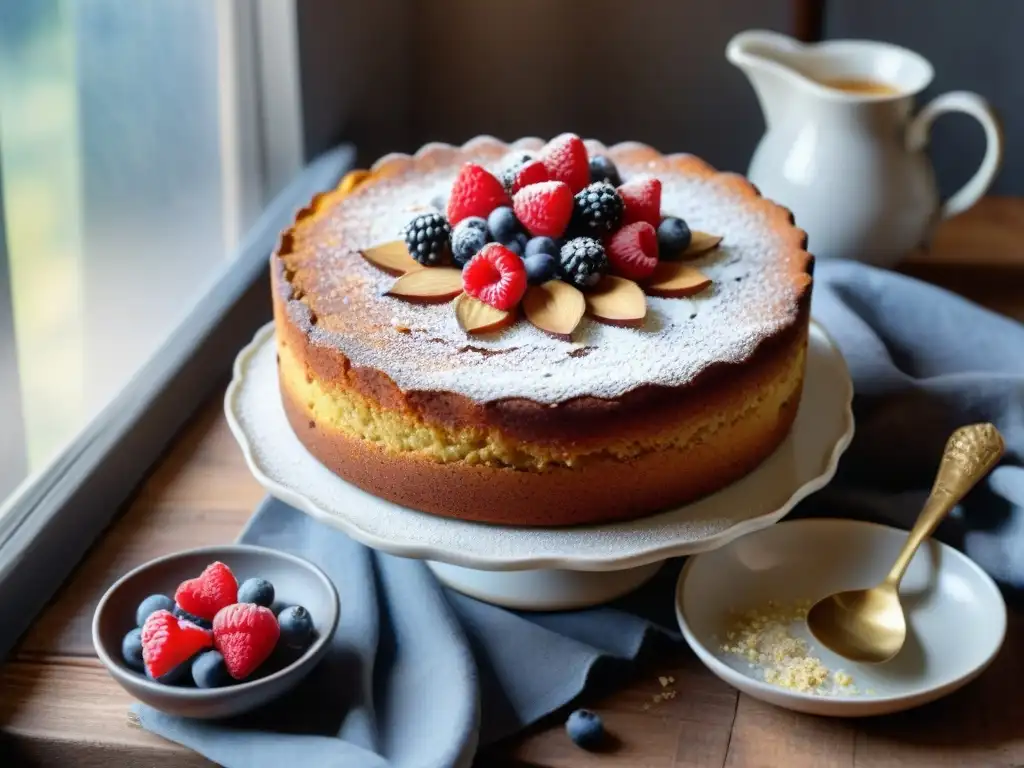 Delicada torta de harina de almendra sin gluten, decorada con almendras y frutas frescas, bañada en luz cálida