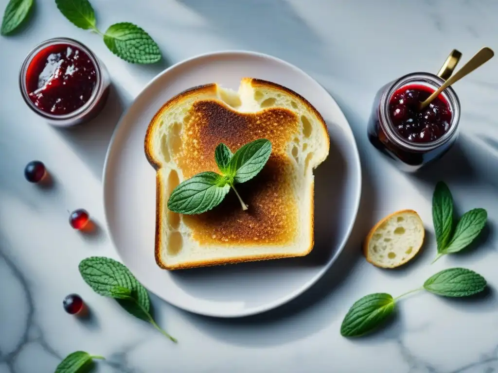 Delicada tostadora moderna y gluten-free con tostadas doradas, mermelada de bayas y menta fresca en elegante cocina de mármol