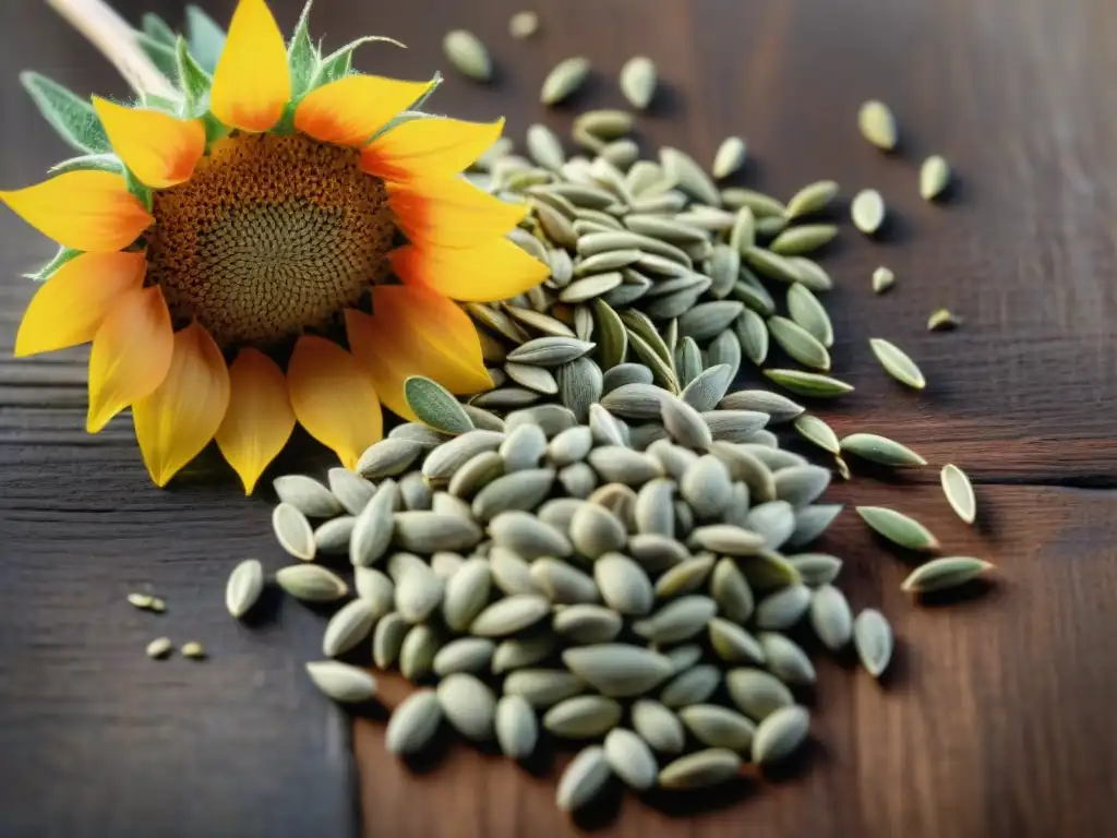 Delicada variedad de frutos secos y semillas sin gluten en detalle, sobre mesa rústica