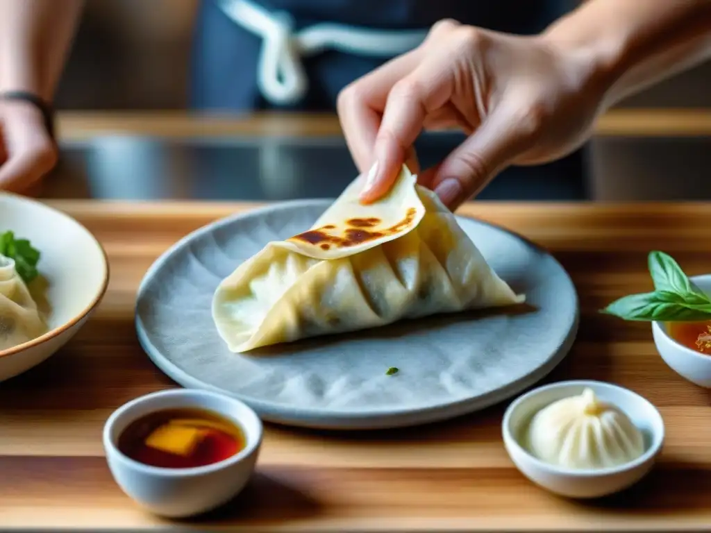 Delicadas manos de chef crean gyoza sin gluten, receta deliciosa