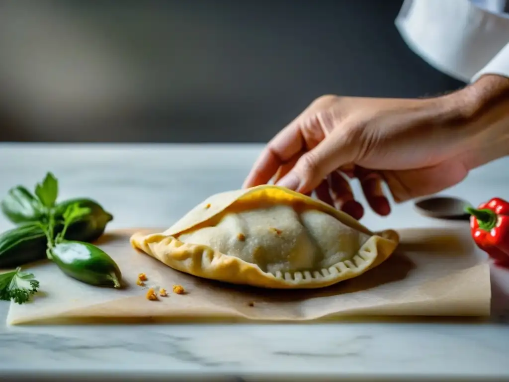 Delicadas manos de chef amasan masa sin gluten para empanadas, con ingredientes latinos