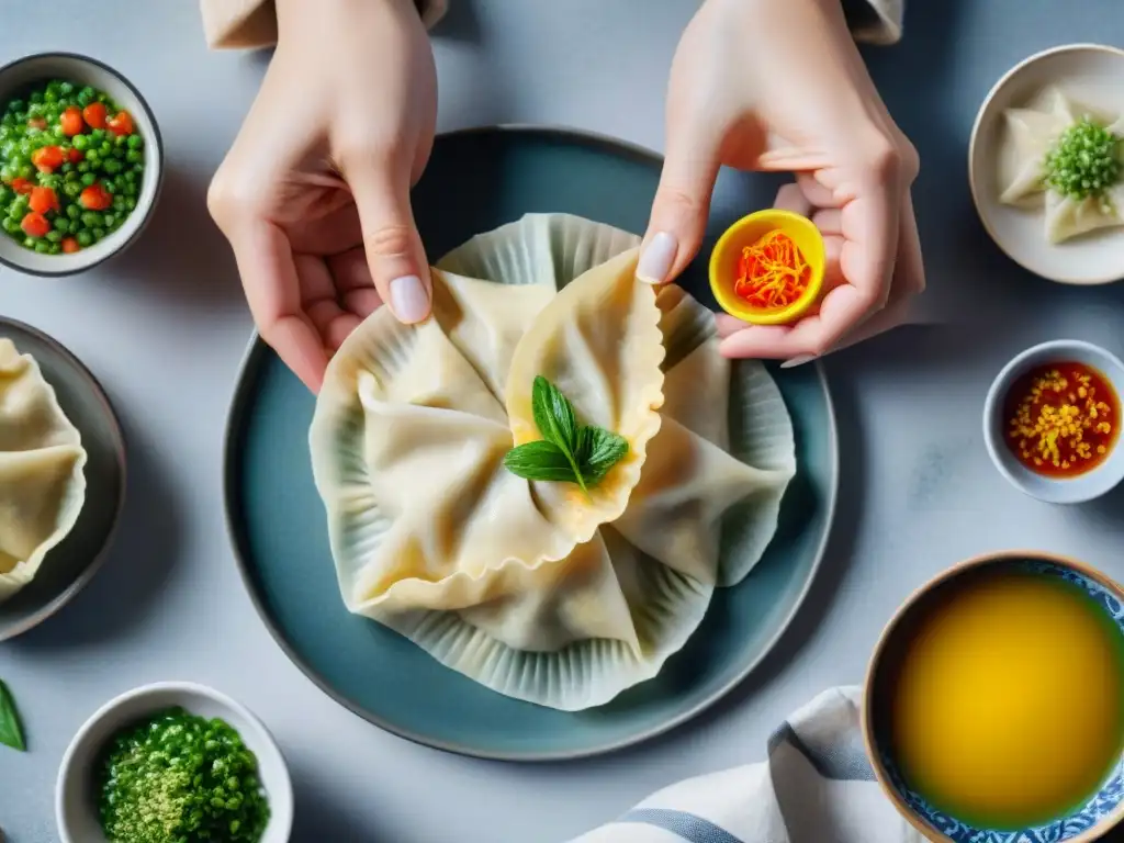 Delicadas manos crean gyoza sin gluten con destreza