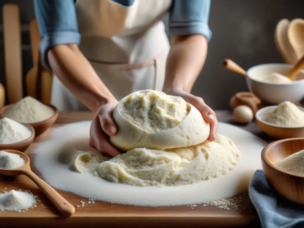 Delicadas manos mezclando masa de pan sin gluten con harina de arroz, creando un ambiente cálido en la cocina