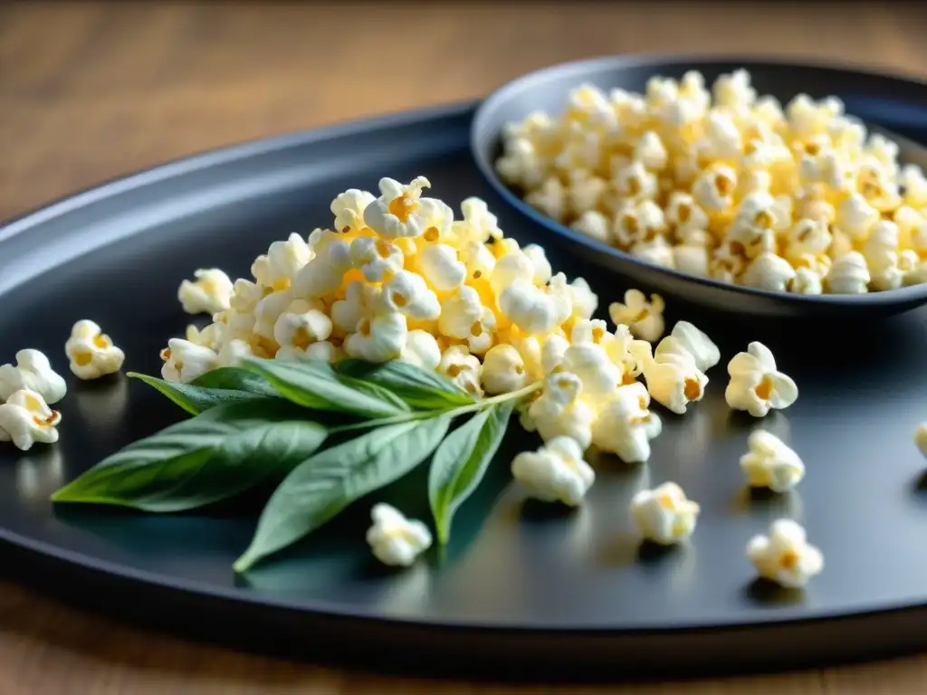 Delicadas palomitas de maíz sin gluten brillando bajo la luz natural, dispuestas en espiral sobre una bandeja negra con hojas verdes de albahaca