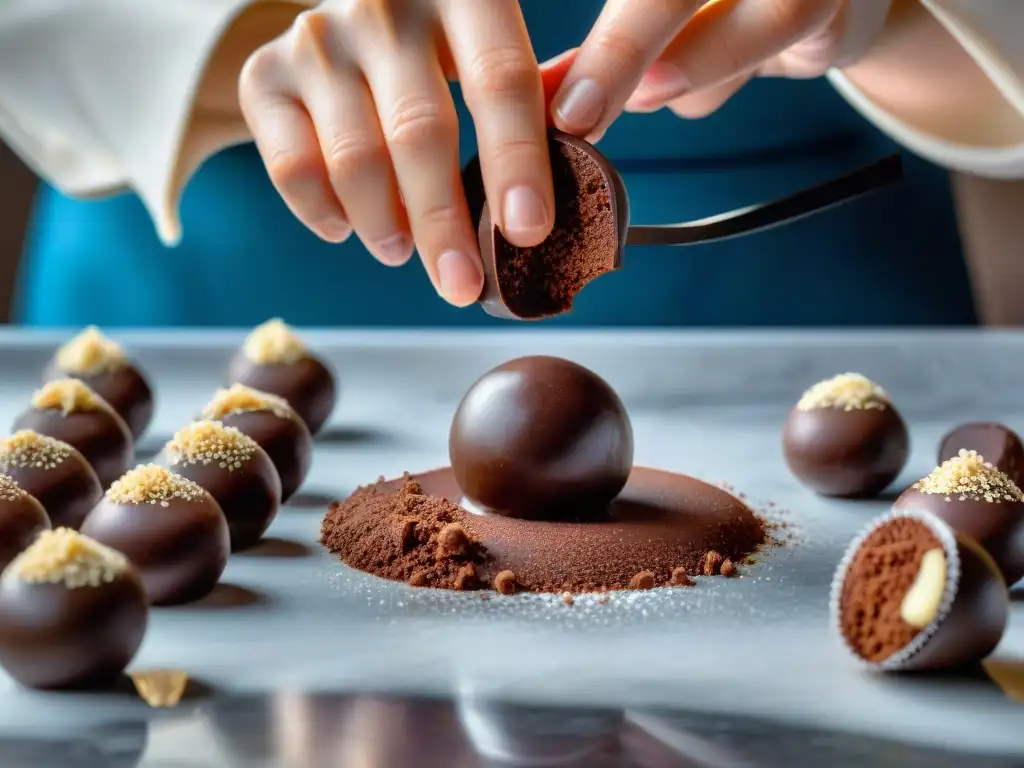 Delicadas trufas de chocolate sin gluten siendo creadas a mano sobre mármol