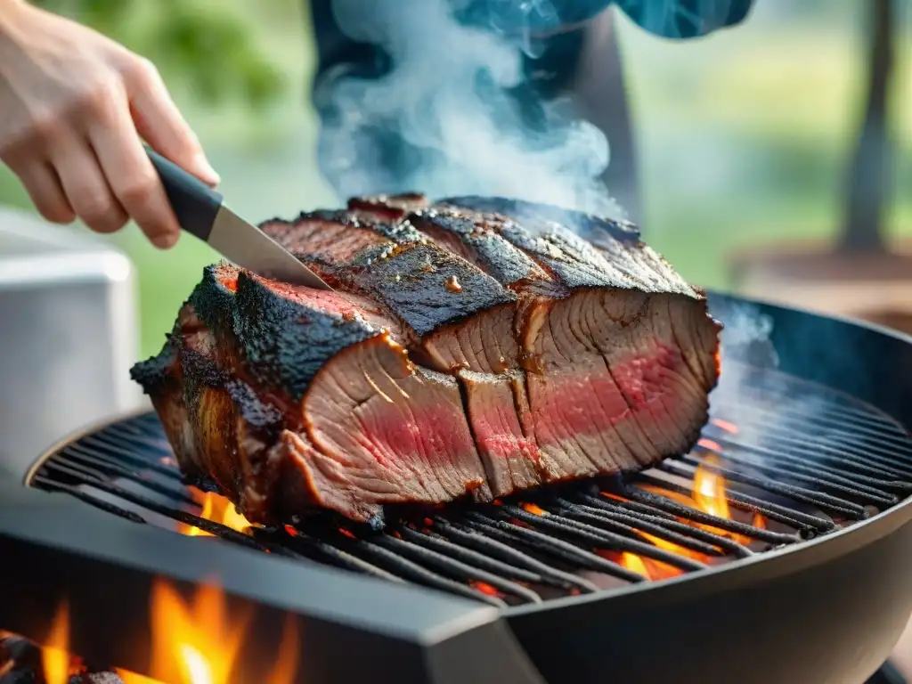 Delicado brisket ahumado en una parrilla bajo el sol filtrado entre los árboles